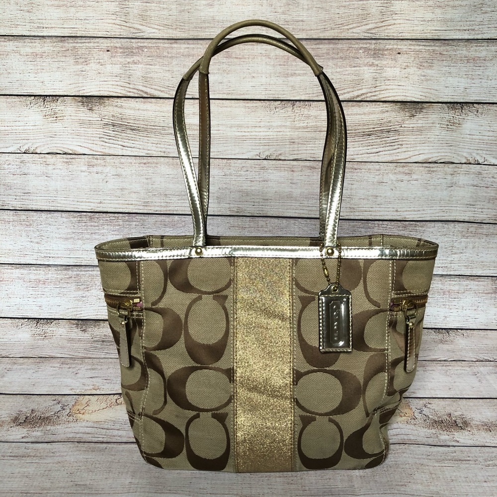 COACH Signature Stripe Tote 13280 Tan/Gold Accents